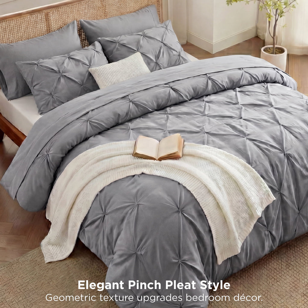 All-Season Queen Comforter Set Grey, Bed in a Bag Queen Size Bedding, 7 Pieces Pinch Pleat All Season Comforter - Cloud-Like Soft Lightweight Bed Comforter Detail