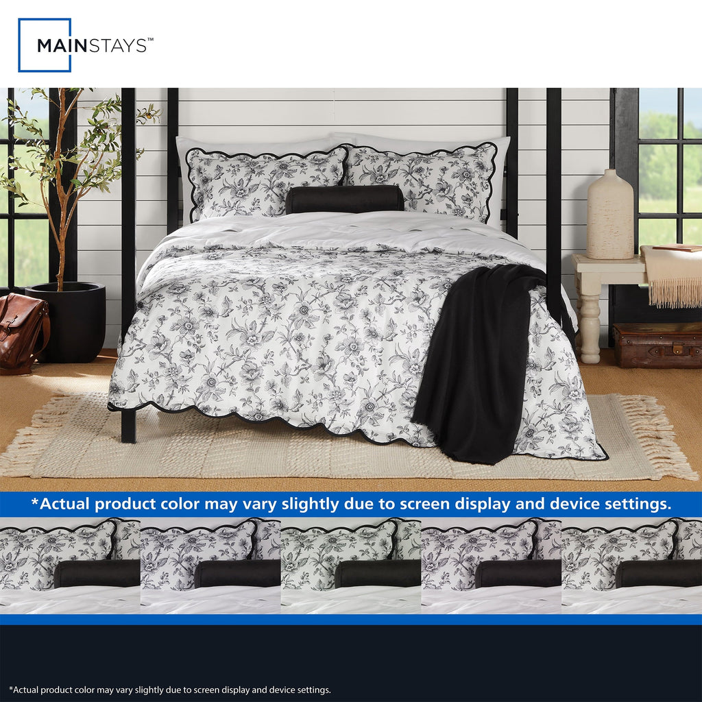 All-Season Floral Scallop 4-Piece White/Black Comforter Set, Twin/Twin XL - Luxurious Quilted Duvet Cover Set Detail