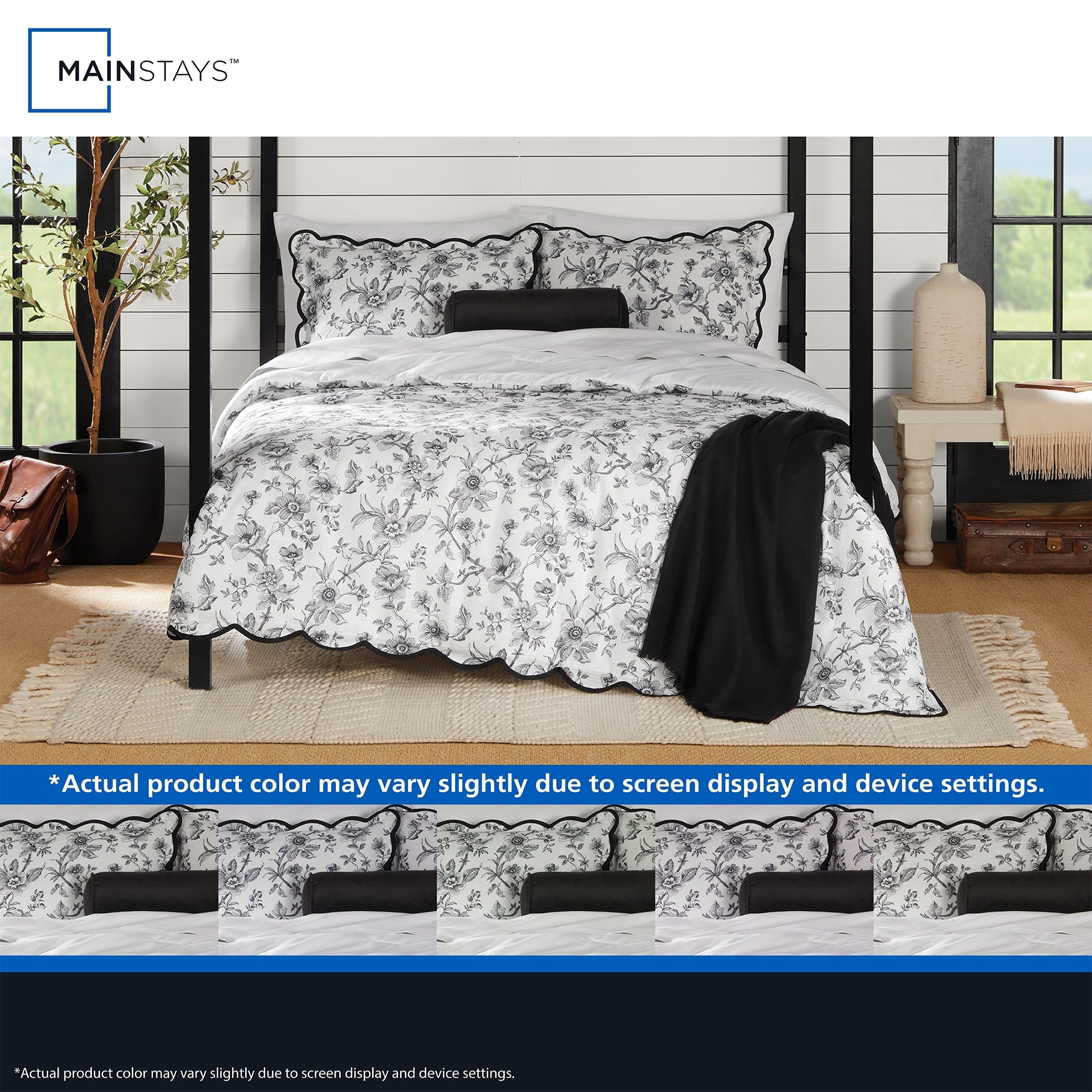 All-Season Floral Scallop 4-Piece White/Black Comforter Set, Twin/Twin XL - Luxurious Quilted Duvet Cover Set Detail