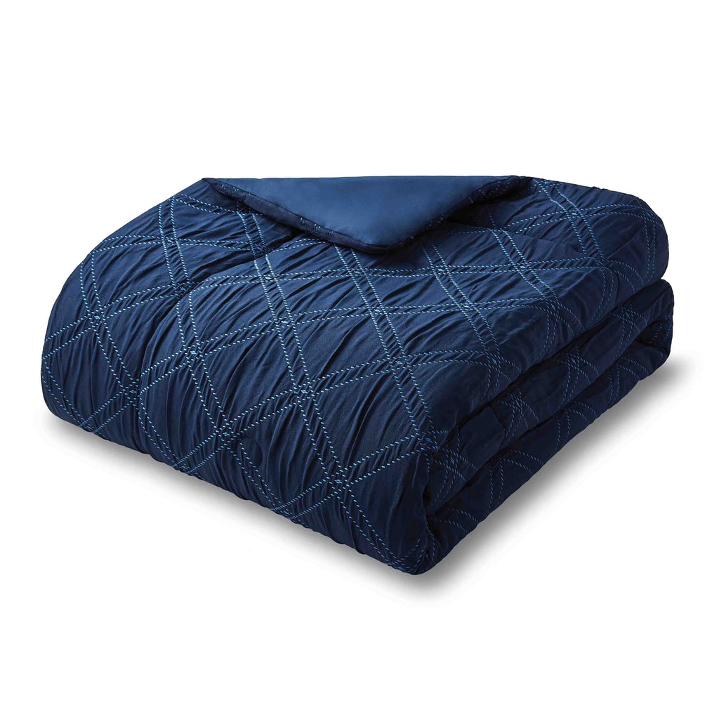 Fluffy Down Alternative 5-Piece Reversible Comforter Set Navy Cross Stitch Bedding with Decor Pillow and Throw, Full/Queen - All-Season Down Alternative Comforter Insert Detail