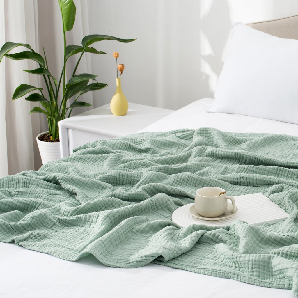Decorative Knitted 100% Cotton Muslin Throw Blanket Gauze Blankets for Adults Soft Throws for Bed and Couch, 50" x 70" Sage Green - Cozy Fleece Throw Blanket for Couch & Bed Detail