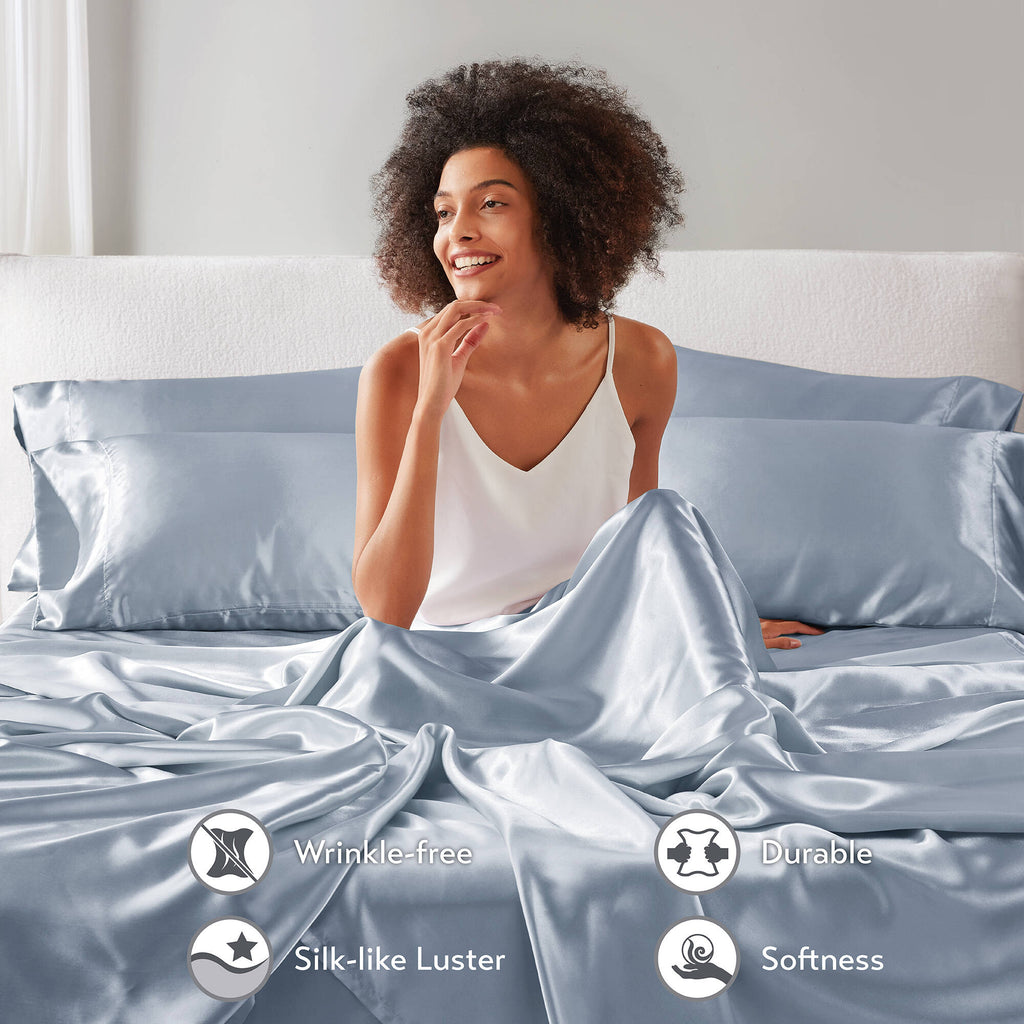 Premium Egyptian Cotton Satin Sheet Set, Twin Bed Sheets with Pillowcases, 4-Piece Luxury Silky Sheet Set, Blue, Gifts for Women - Premium Ultra-Soft Pillowcase Pair for Sleeping Detail