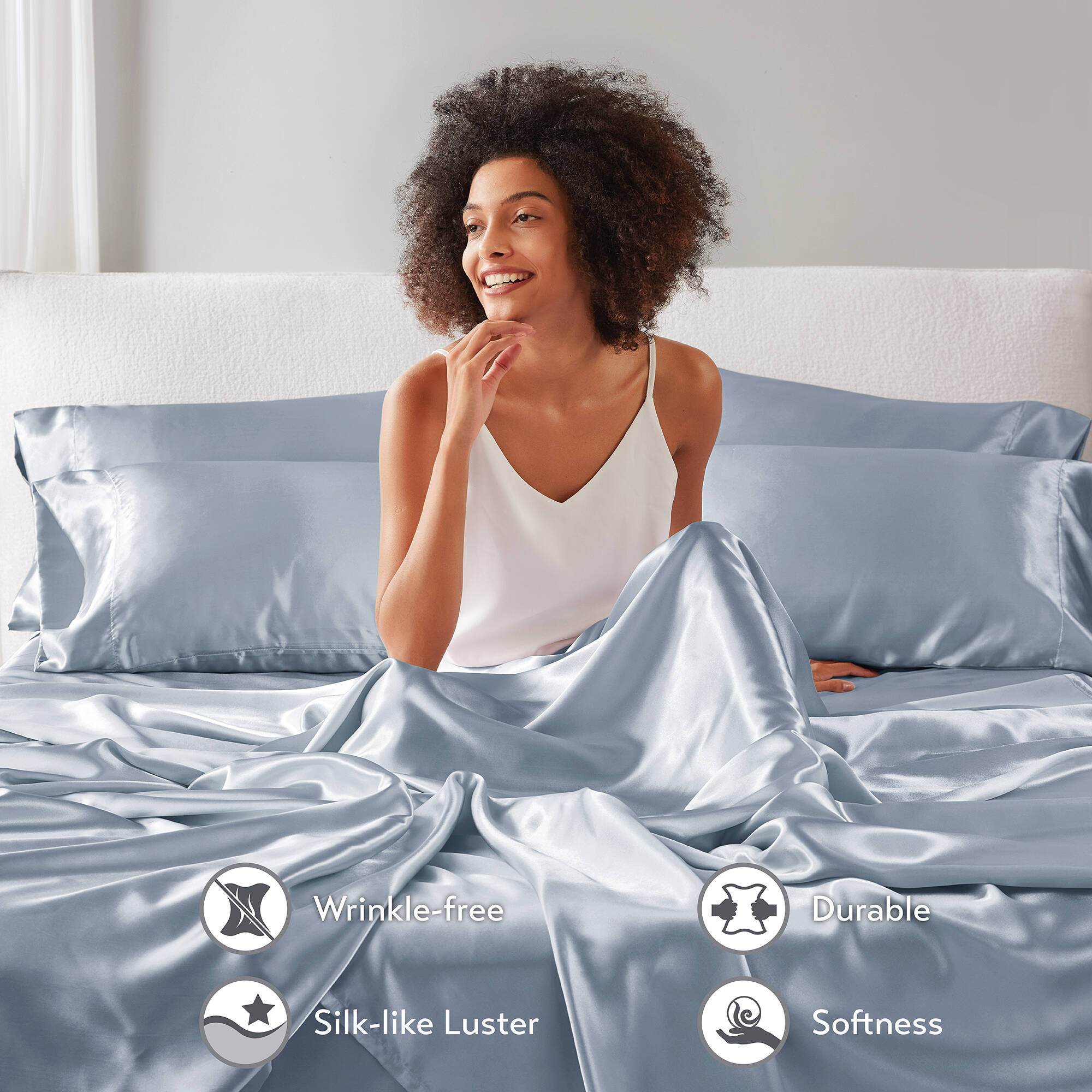 Premium Egyptian Cotton Satin Sheet Set, Twin Bed Sheets with Pillowcases, 4-Piece Luxury Silky Sheet Set, Blue, Gifts for Women - Premium Ultra-Soft Pillowcase Pair for Sleeping Detail