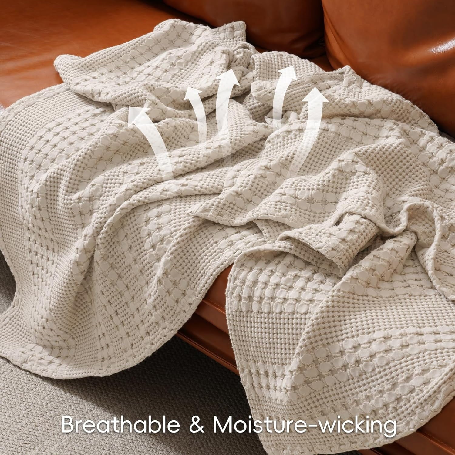 Reversible Sherpa 100% Cotton Waffle Weave Blanket, Lightweight Throw Washed Blanket for Bed Sofa Home Decor, Oatmeal, 50"x60" - Cozy Fleece Throw Blanket for Couch & Bed Detail