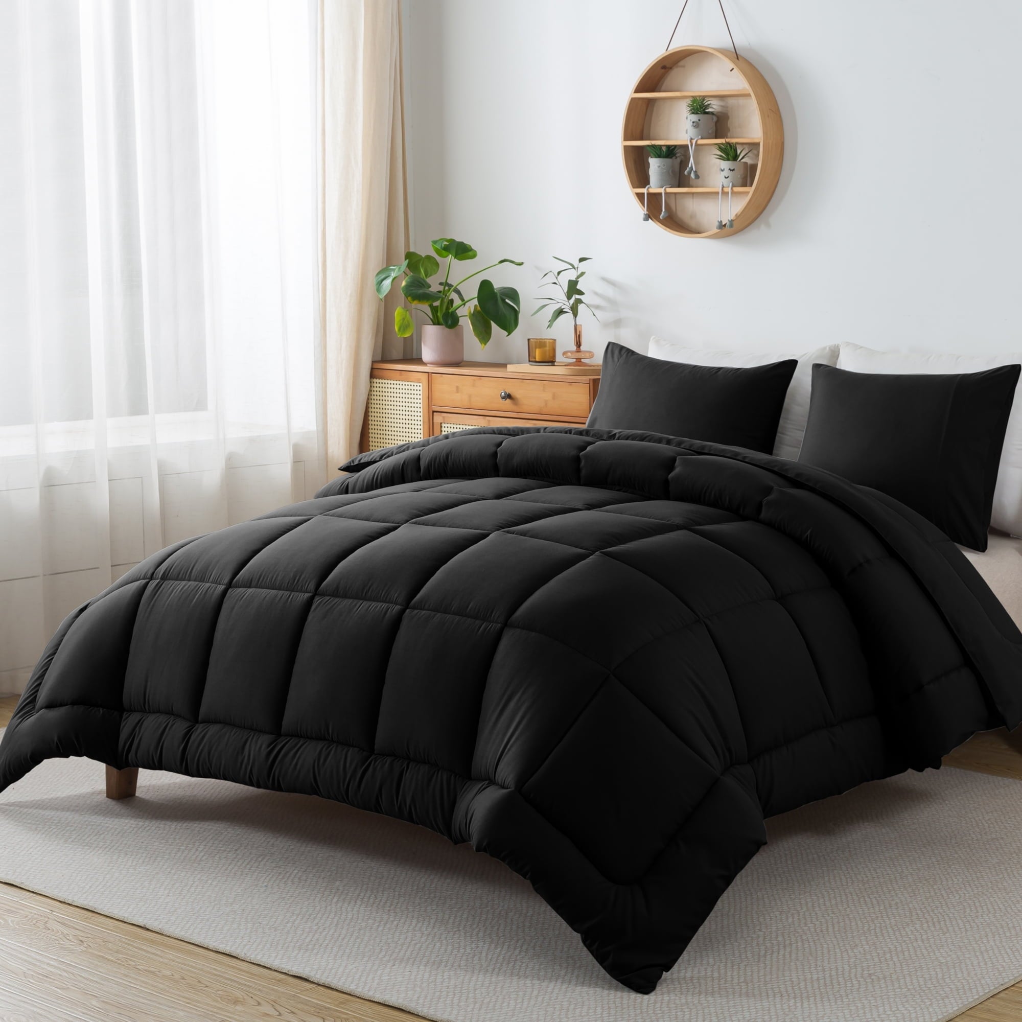 Luxurious Quilted Queen Size 3-Piece All-Season Down Alternative Comforter Set Deep Black (Comforter and Pillowcase Bedding Set / bed i... - Luxurious Quilted Duvet Cover Set Detail