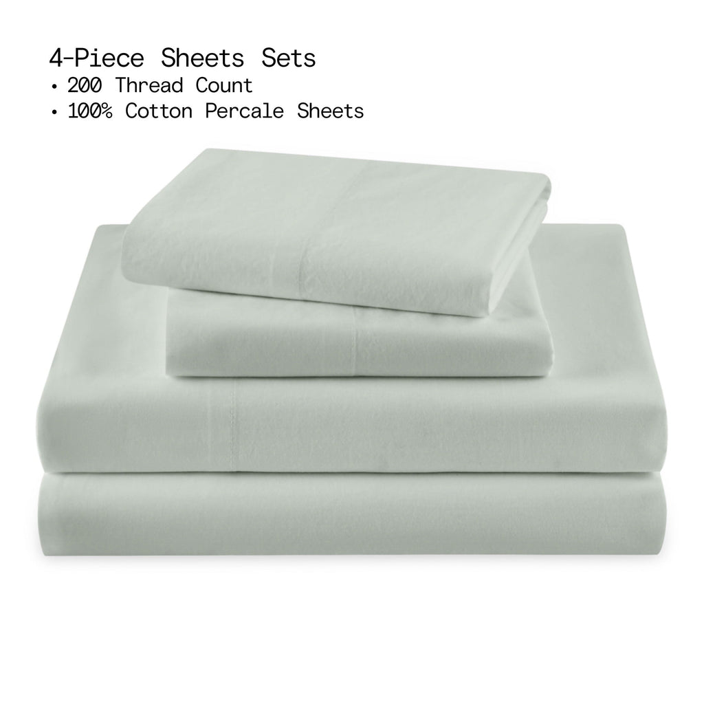 Ultra-Soft Solid 4-Piece 100% Cotton Washed Percale Sage Green Sheet Set, Full - Breathable Egyptian Cotton Flat & Fitted Sheets Detail