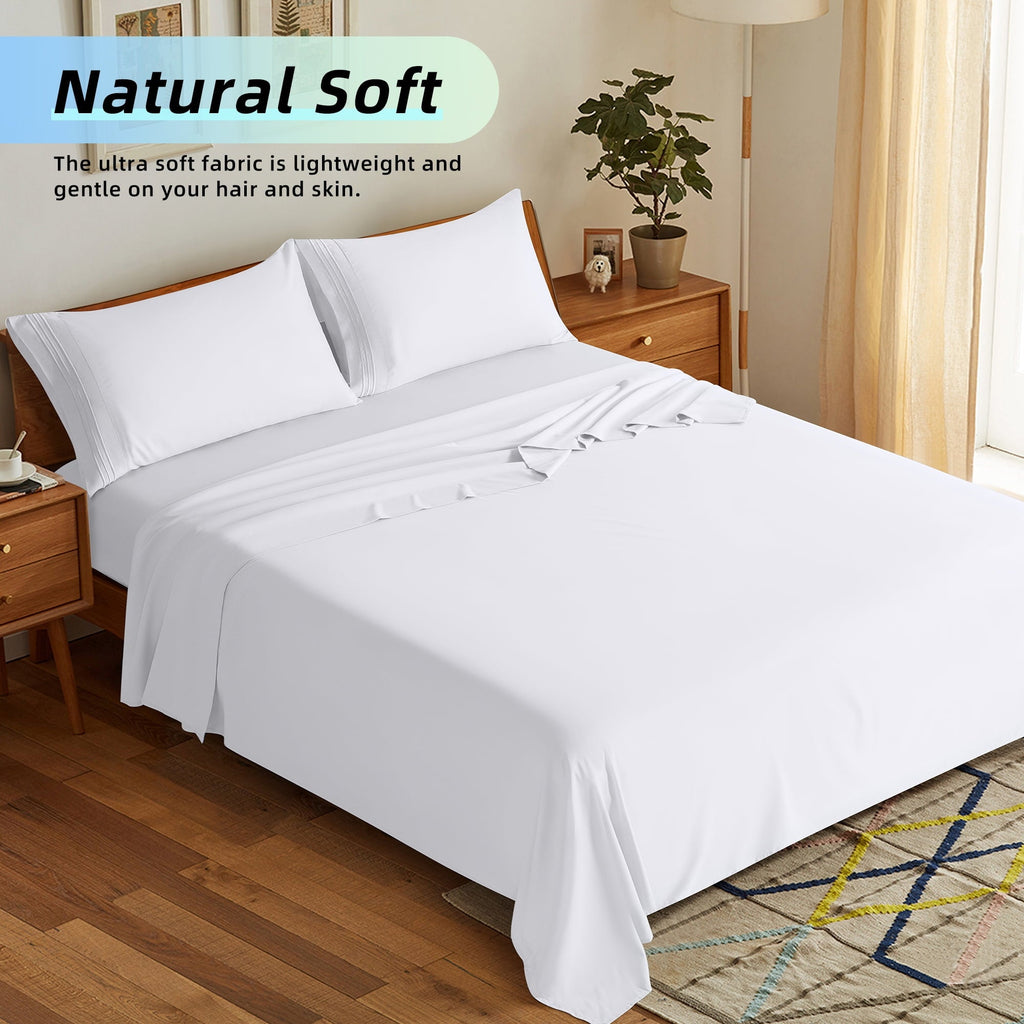 Cooling Sateen Bed Sheets Set, Microfiber Deep Pocket 4 Pieces Luxury Soft Sheet Set, Queen, White - Premium Ultra-Soft Pillowcase Pair for Sleeping Detail