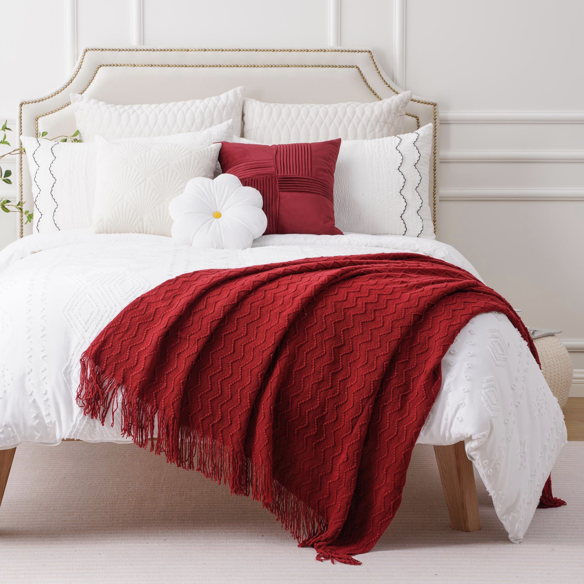 Super Soft Flannel Dark Red Blanket for Couch,Burgundy Knit Throw Blanket for Bedroom,Christmas Throw,50"x60" - Luxury Knitted Decorative Throw Blanket with Fringes Detail