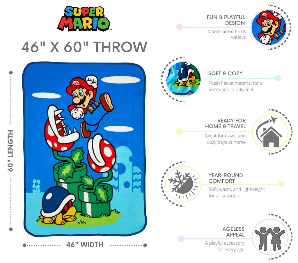 Reversible Sherpa Kids Fleece Throw Blanket 46x60, Nintendo - Luxury Knitted Decorative Throw Blanket with Fringes Detail