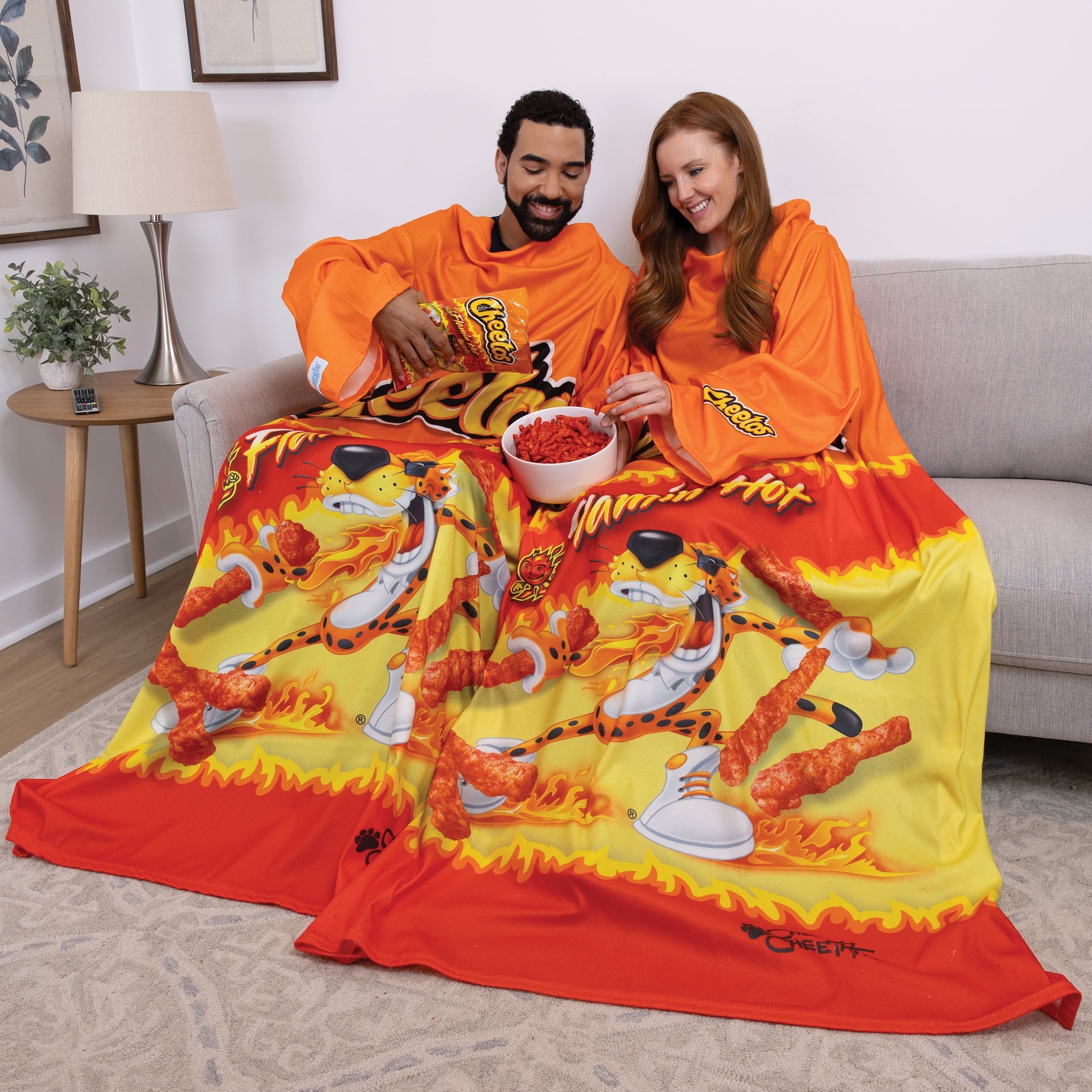Reversible Sherpa Cheetos Flaming Hot Wearable Blanket - Lightweight Plush Warm Blanket for All Seasons Detail