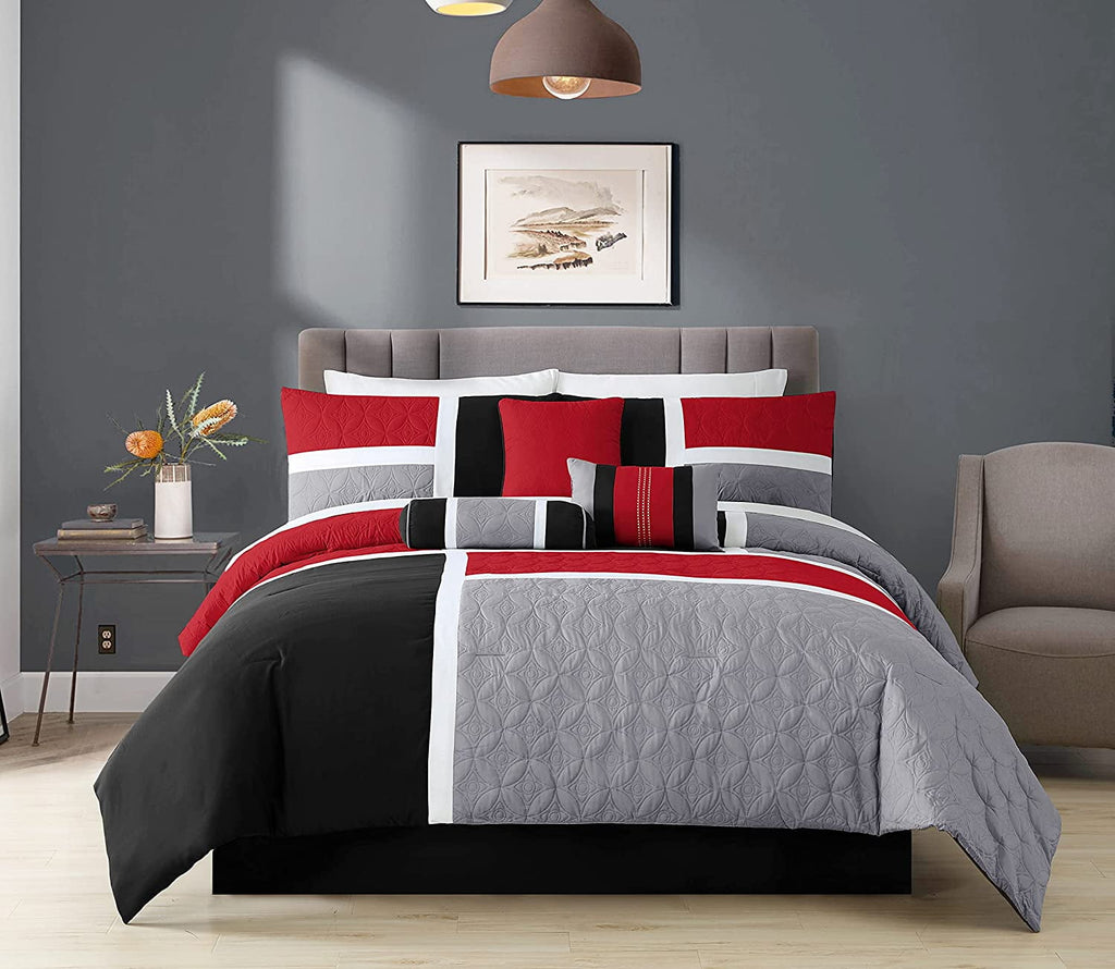 All-Season 7-Piece Medallion Patchwork Comforter Set, Full, Red/Gray/Black - Hypoallergenic Ultra-Fluffy Quilt for Winter Detail