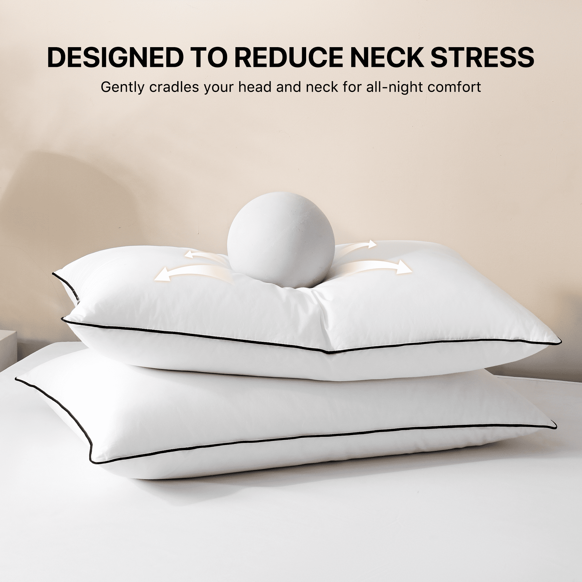 Decorative Plump Feather Down Pillows Set of 2, Medium Firm Hotel Bed Pillow 2 Pack, Queen Size, 20 x 30 in. - Ergonomic Memory Foam Pillow for Neck Pain Support Detail