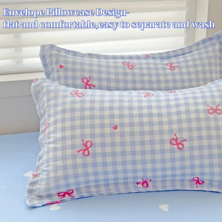 Luxurious Quilted 3-Piece Blue Plaid Pink Bows Comforter Full Set , Cute Soft Bedding Set for Kids Adults - Hypoallergenic Ultra-Fluffy Quilt for Winter Detail