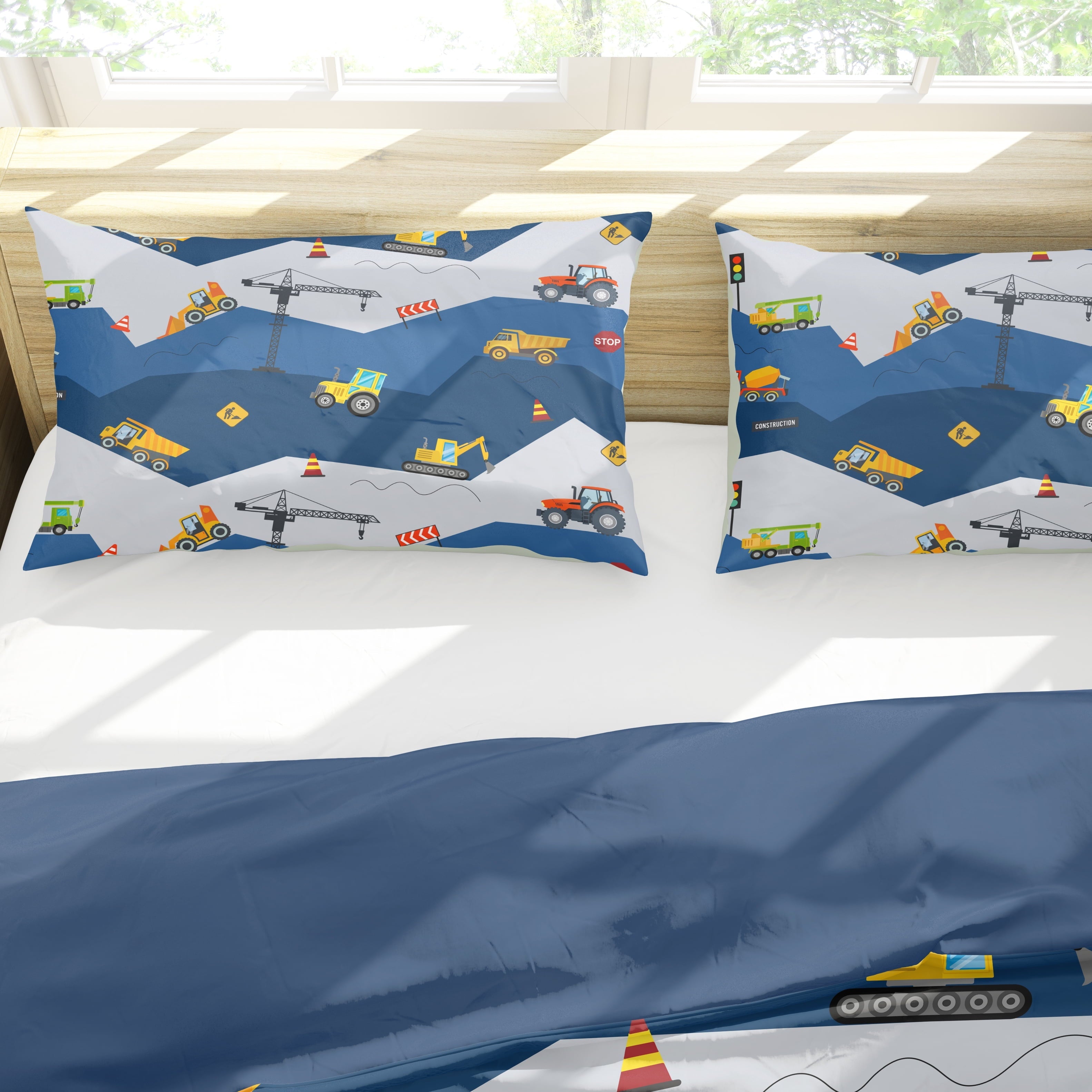 Heavyweight Warmth Car Comforter Set Construction Bedding Set for Boys Kids Trucks Comforter Cartoon Car Excavator Tractor Blue 3Pcs Twin - Luxurious Quilted Duvet Cover Set Detail
