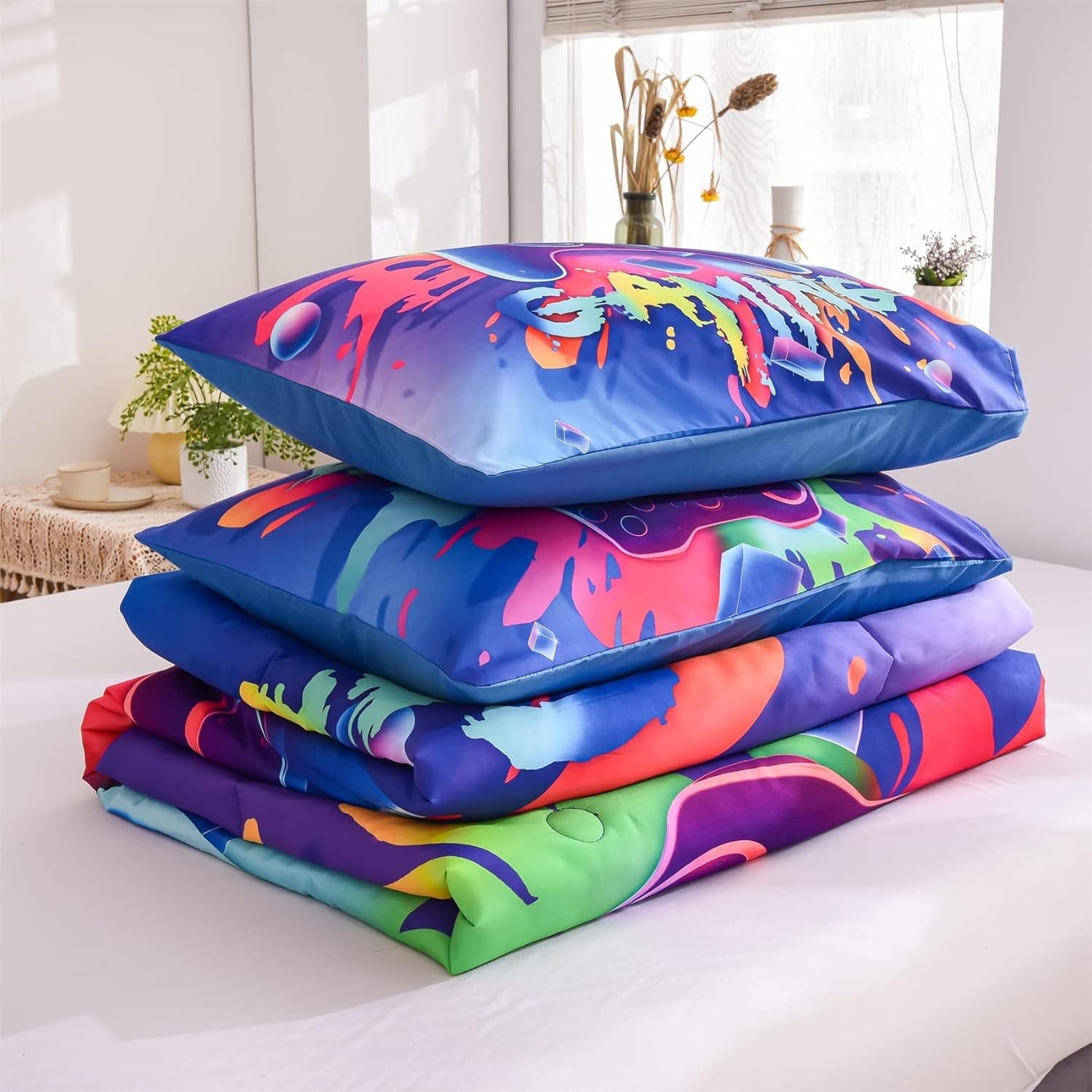Luxurious Quilted Purple Queen Gaming Comforter Sets for Boys Kids Bedding Sets Colorful Games Console Gamer Quilt Set - Hypoallergenic Ultra-Fluffy Quilt for Winter Detail