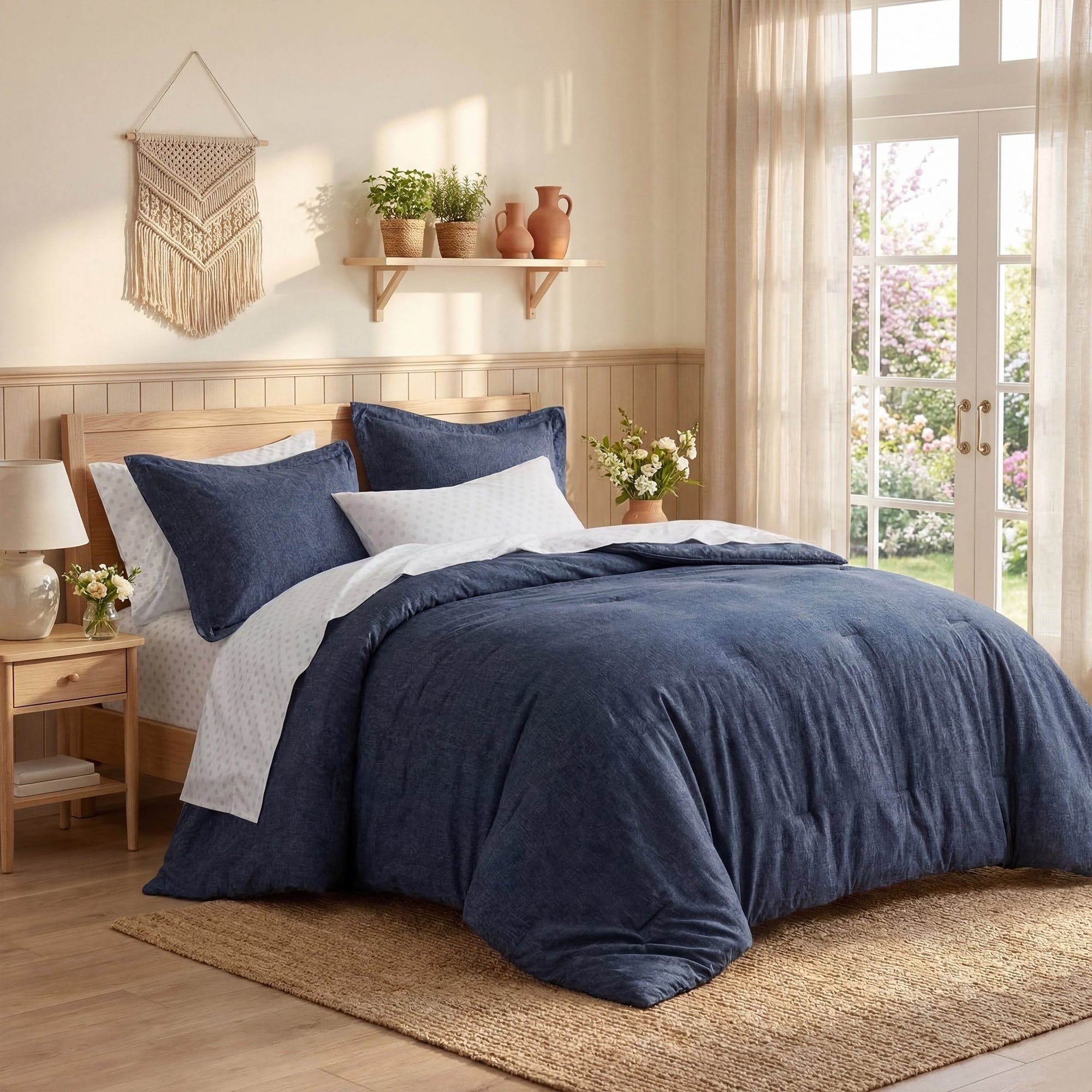 Heavyweight Warmth Queen Size Comforter Set, 7-Piece Reversible Bed in a Bag with Sheets, Navy - All-Season Down Alternative Comforter Insert Detail