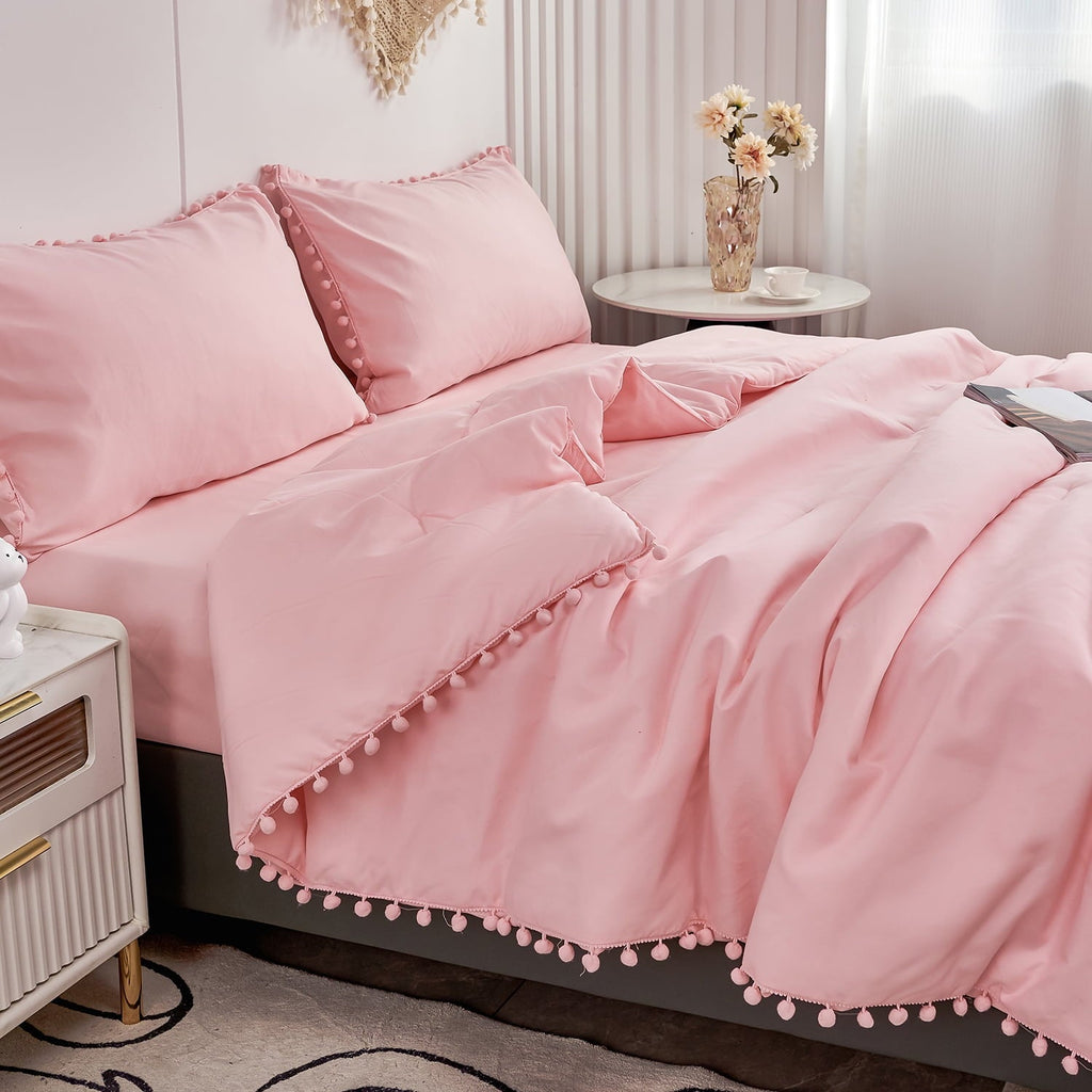 Fluffy Down Alternative Pink Full Size Comforter Set Pom Fringe 3 Pcs Boho Chic Cute Ball Pom Blush Bedding Set Cali Soft Lightweight Solid B... - Hypoallergenic Ultra-Fluffy Quilt for Winter Detail