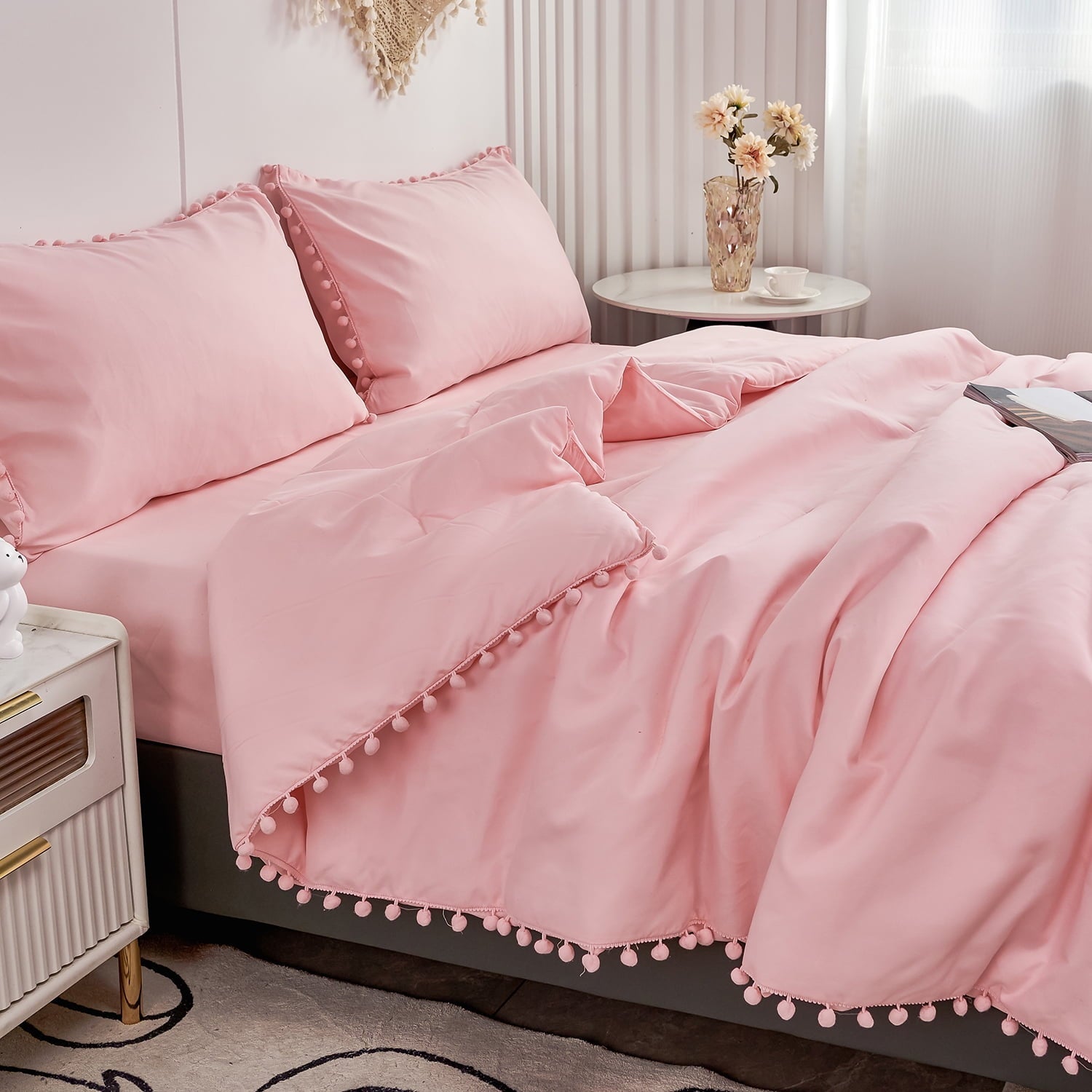Fluffy Down Alternative Pink Full Size Comforter Set Pom Fringe 3 Pcs Boho Chic Cute Ball Pom Blush Bedding Set Cali Soft Lightweight Solid B... - Hypoallergenic Ultra-Fluffy Quilt for Winter Detail