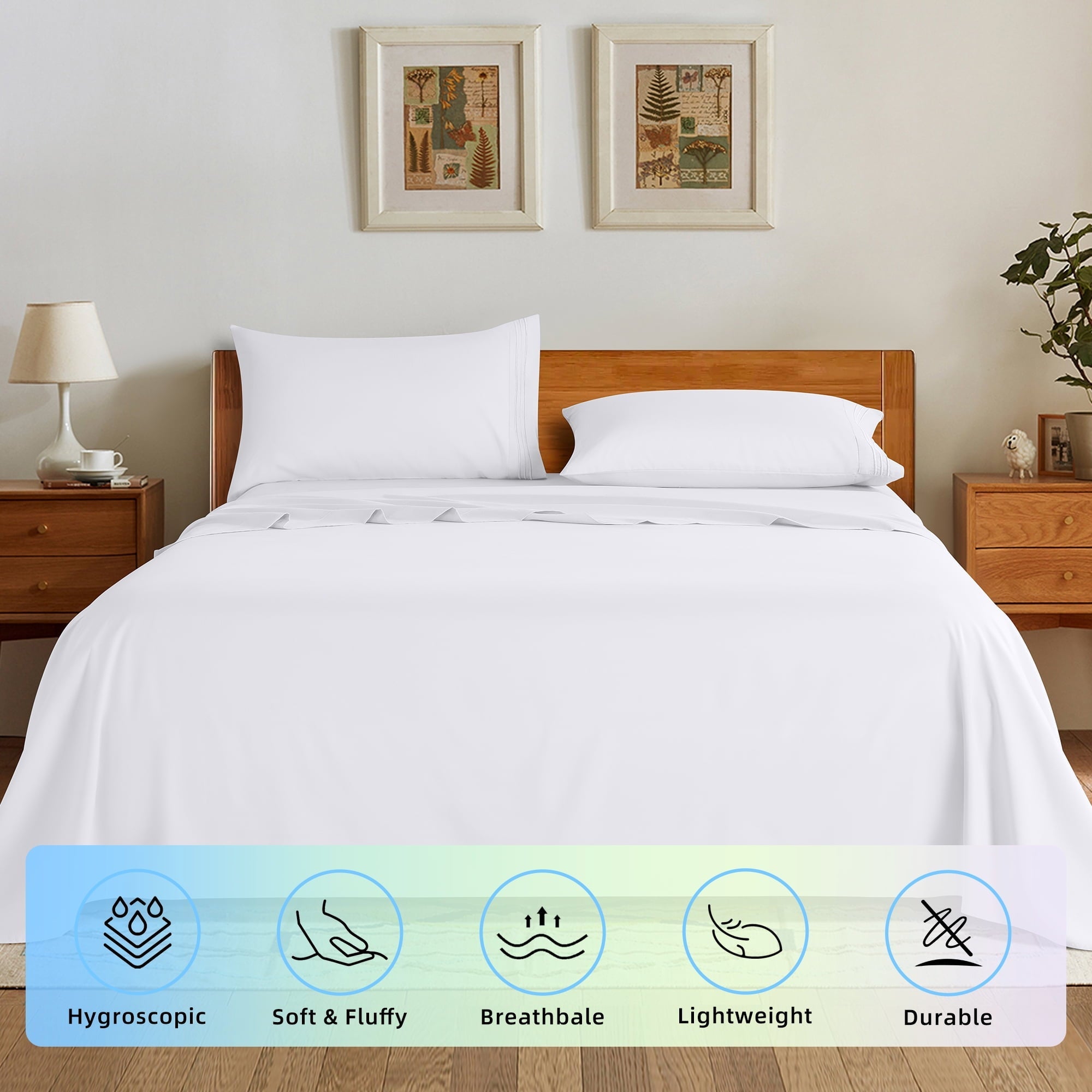 Cooling Sateen Bed Sheets Set, Microfiber Deep Pocket 4 Pieces Luxury Soft Sheet Set, Queen, White - Premium Ultra-Soft Pillowcase Pair for Sleeping Detail