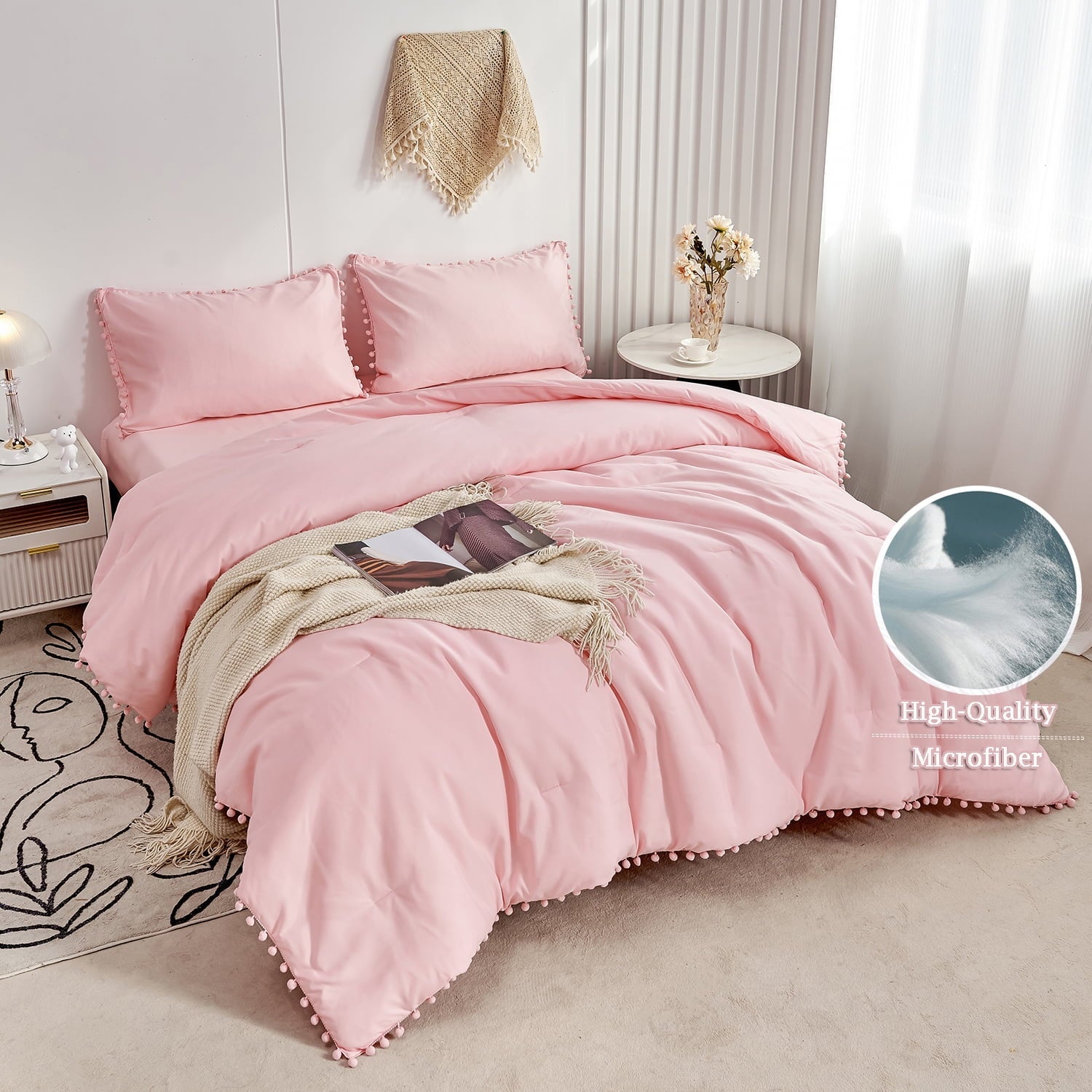 Fluffy Down Alternative Pink Full Size Comforter Set Pom Fringe 3 Pcs Boho Chic Cute Ball Pom Blush Bedding Set Cali Soft Lightweight Solid B... - Hypoallergenic Ultra-Fluffy Quilt for Winter Detail
