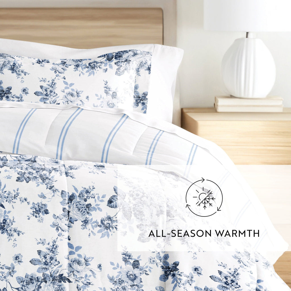 All-Season Down Alternative Cabbage Rose Stripe Stone Reversible Comforter Set - Hypoallergenic Ultra-Fluffy Quilt for Winter Detail