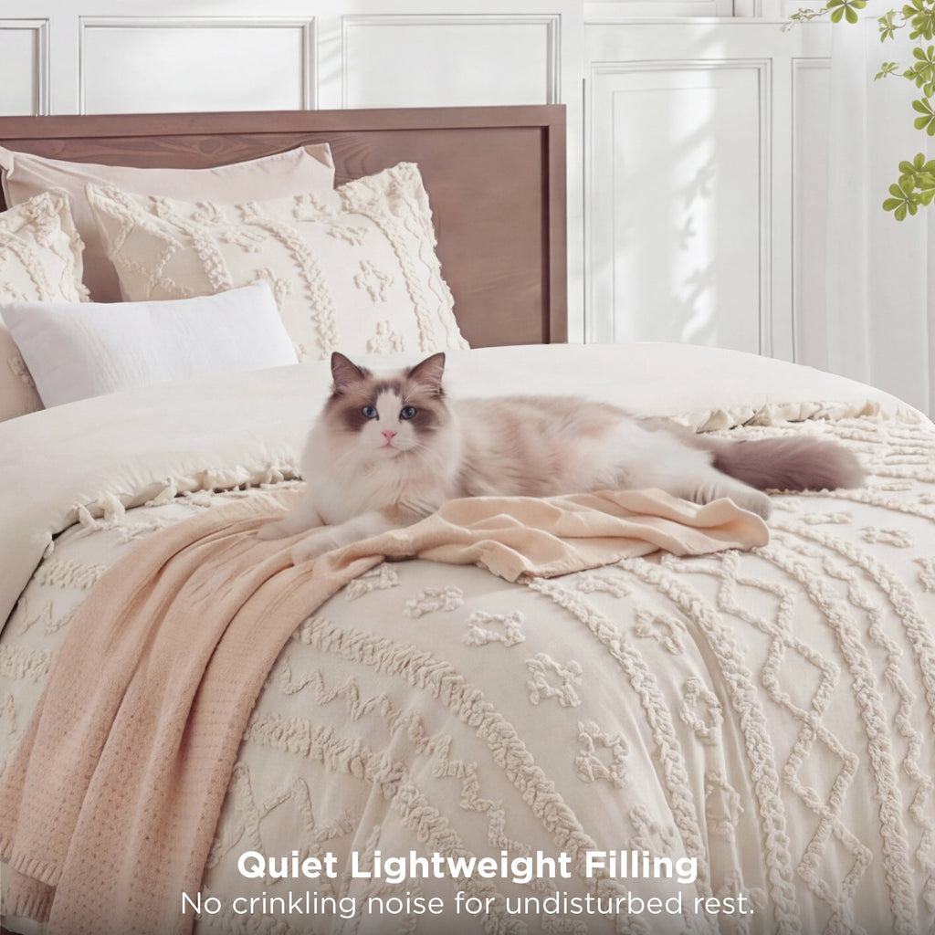 Heavyweight Warmth Tufted Boho Comforter Set Queen, Beige, 3 Pieces Farmhouse Shabby Chic Embroidery Bedding Set, Soft Jacquard Comforte... - All-Season Down Alternative Comforter Insert Detail