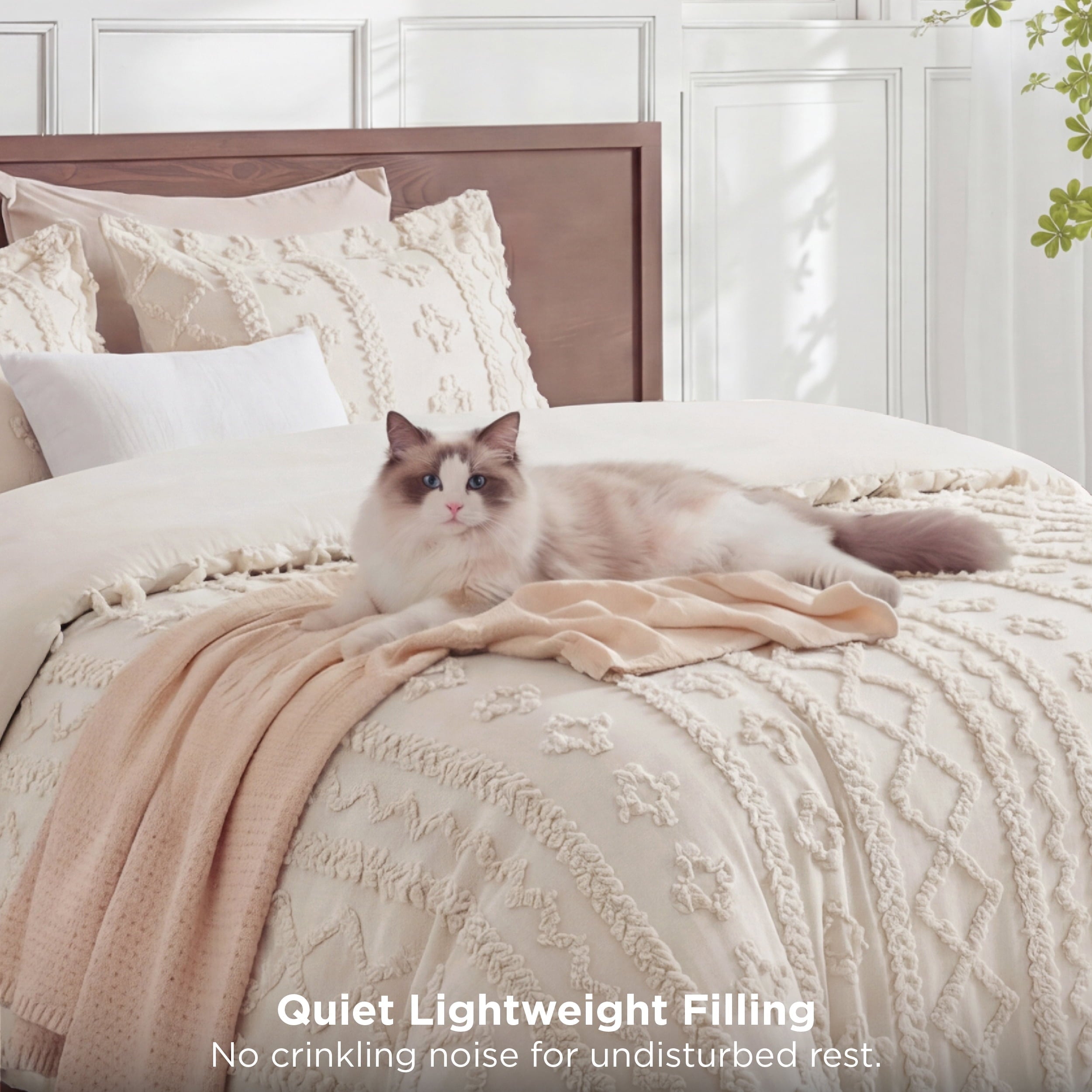 Heavyweight Warmth Tufted Boho Comforter Set Queen, Beige, 3 Pieces Farmhouse Shabby Chic Embroidery Bedding Set, Soft Jacquard Comforte... - All-Season Down Alternative Comforter Insert Detail