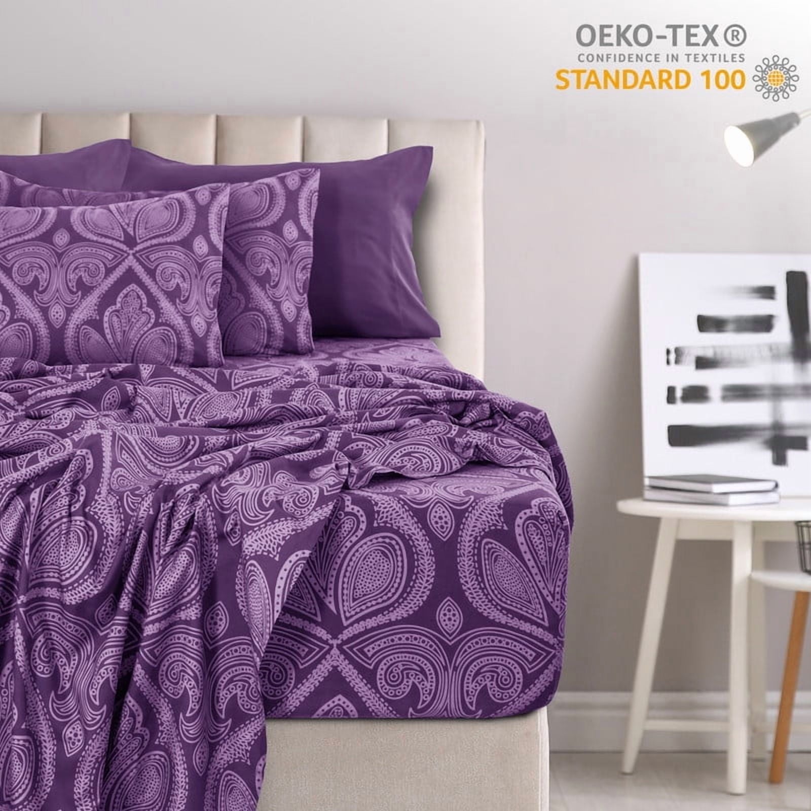 Ultra-Soft Paisley Printed Queen Bed Sheets Set, Microfiber 6 Piece Bedding Set - Purple - Breathable Egyptian Cotton Flat & Fitted Sheets Detail