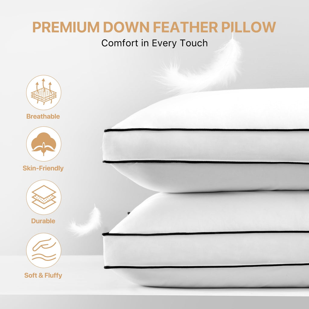 Fluffy Shredded Gusseted Feather Down Pillow Set of 2, Medium Firm Hotel Bed Pillows 2 Pack, Queen Size for Side Sleepers, 20 x 30 in - Decorative Throw Pillow Cushion for Sofa & Bed Detail