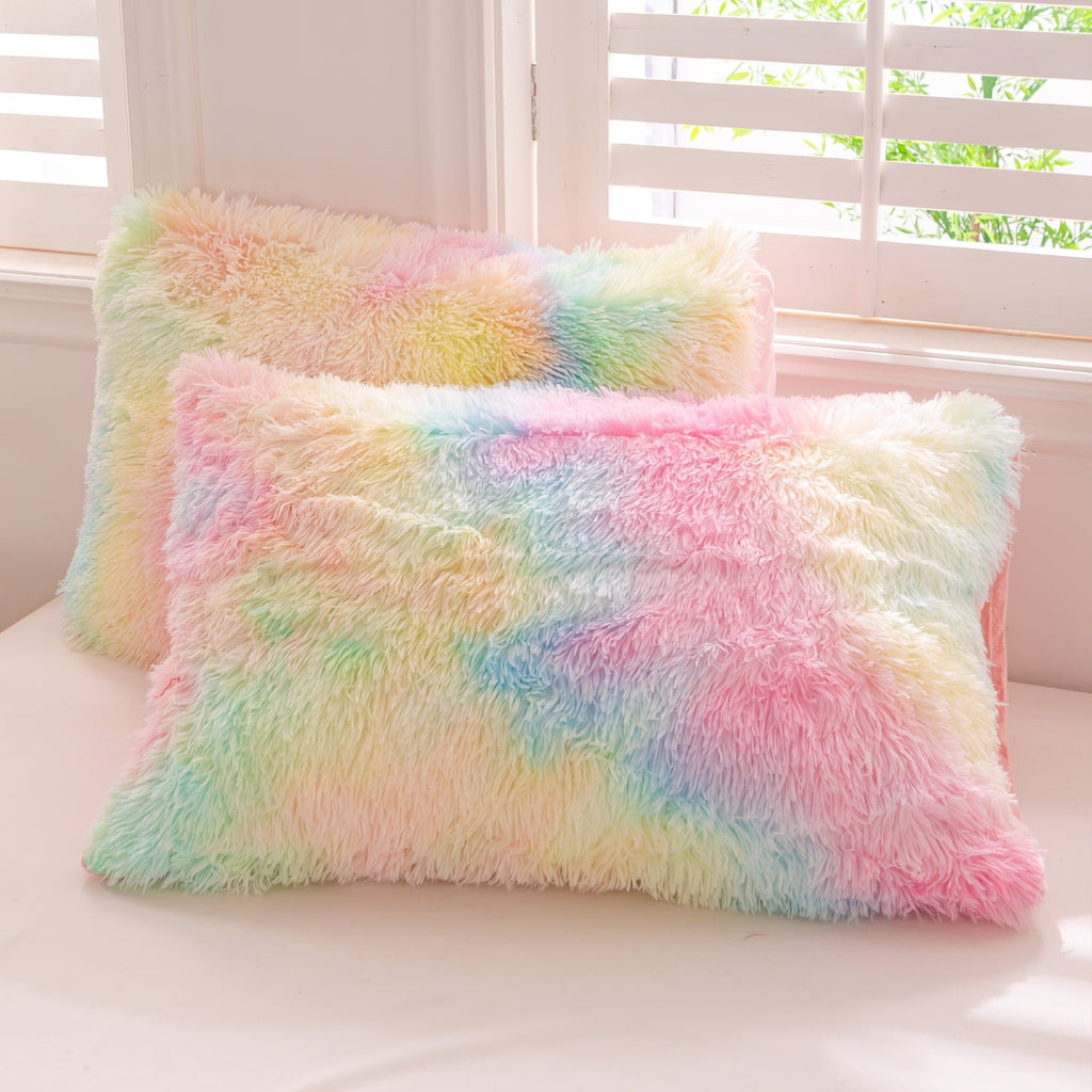 Hypoallergenic Cloud 3Pcs Pink Faux Fur Twin Comforter Set for Girls Tie Dye Rainbow Kid Bed Set Plush Shaggy Bedding Sets Fuzzy Bed Comfo... - All-Season Down Alternative Comforter Insert Detail