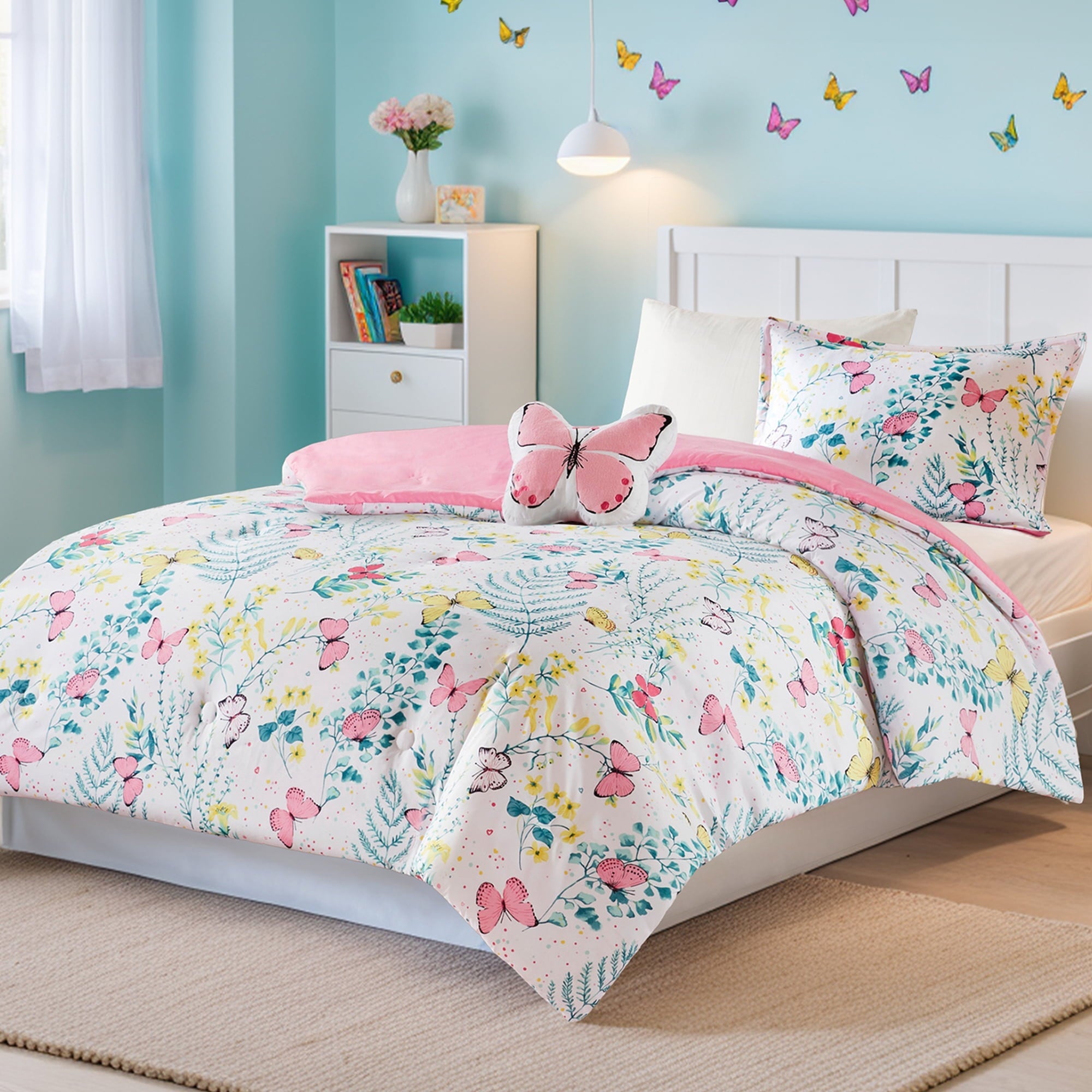 All-Season Full/Queen Size Comforter Sets, 4-Piece Kids Bedding Set for Girls, Butterfly Floral Comforter Bed Set, White/Pink - All-Season Down Alternative Comforter Insert Detail