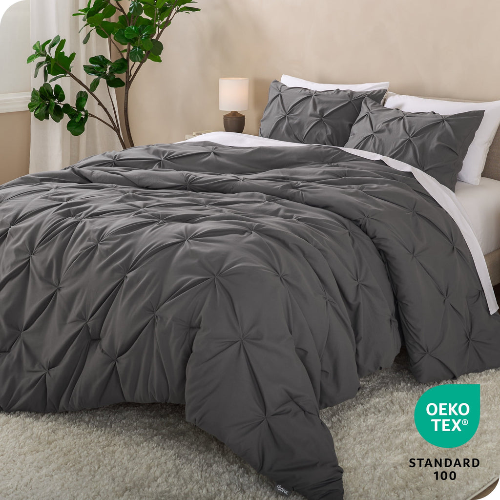 Luxurious Quilted Pintuck Down Alternative Comforter Set - 3-Pieces - All Seasons - King, Grey - Hypoallergenic Ultra-Fluffy Quilt for Winter Detail