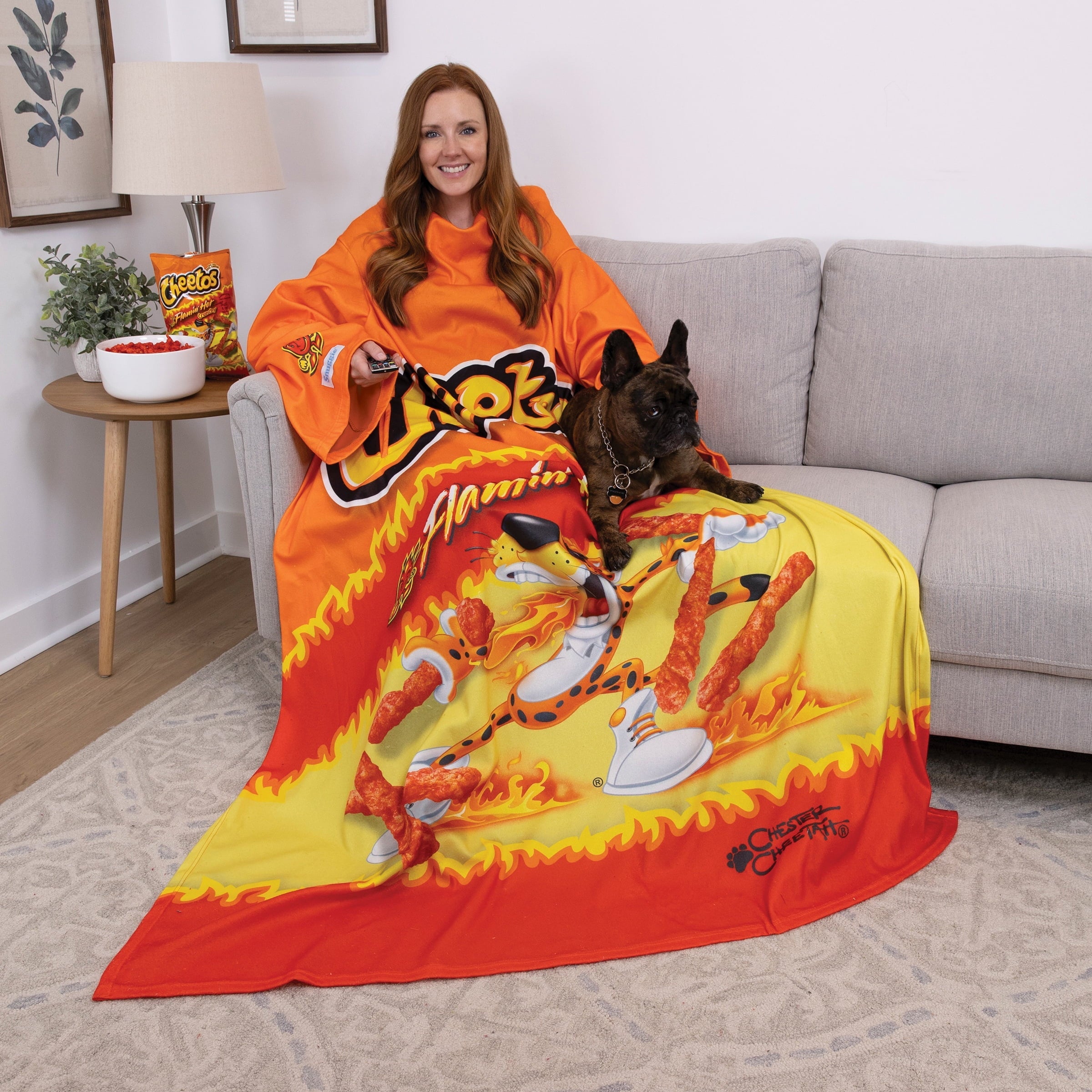 Reversible Sherpa Cheetos Flaming Hot Wearable Blanket - Lightweight Plush Warm Blanket for All Seasons Detail