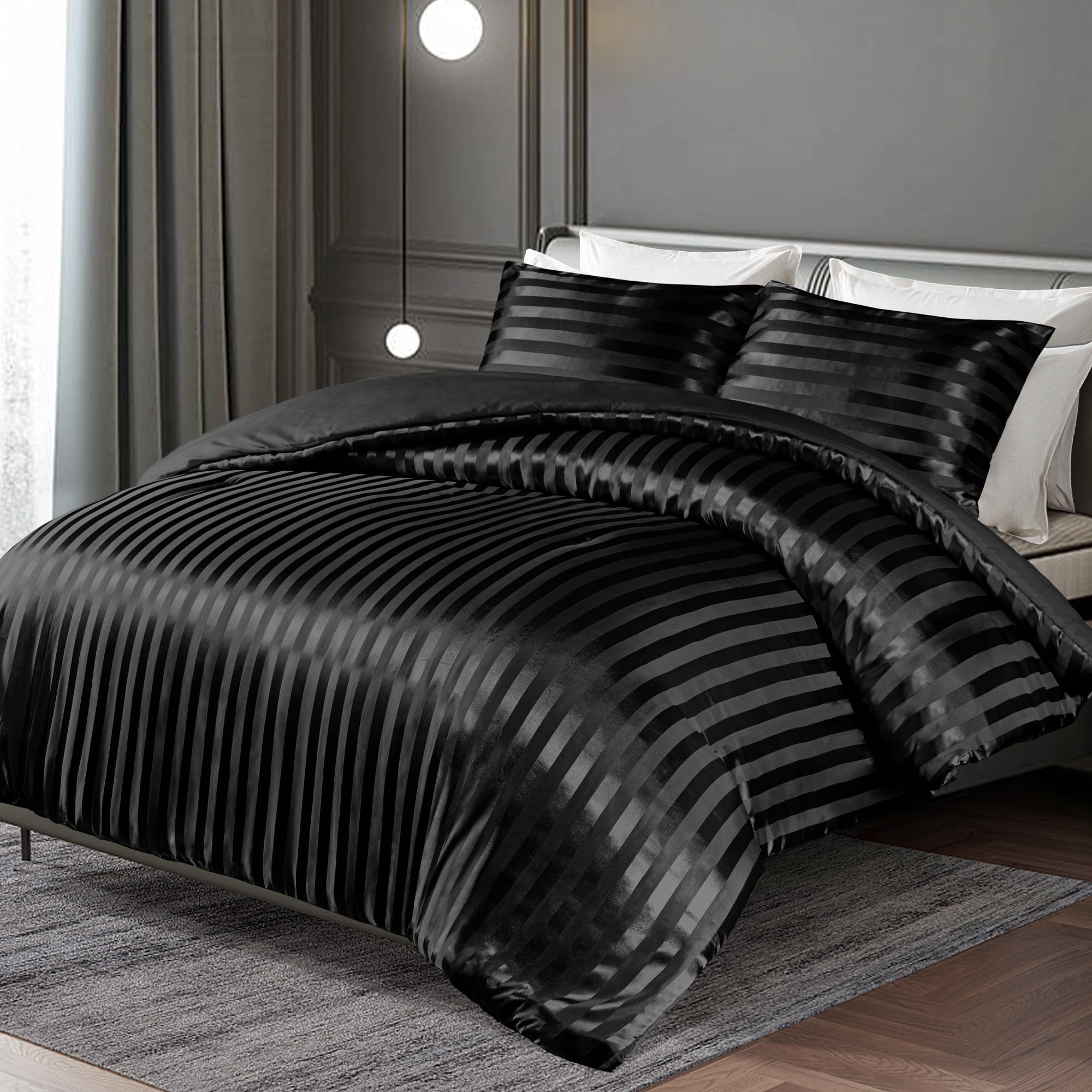 Heavyweight Warmth 3-Piece Reversible Silky Soft King Size Comforter Set, Luxury Stripe Satin Oversized Comforter Bedding Set with 2 Sat... - Cloud-Like Soft Lightweight Bed Comforter Detail