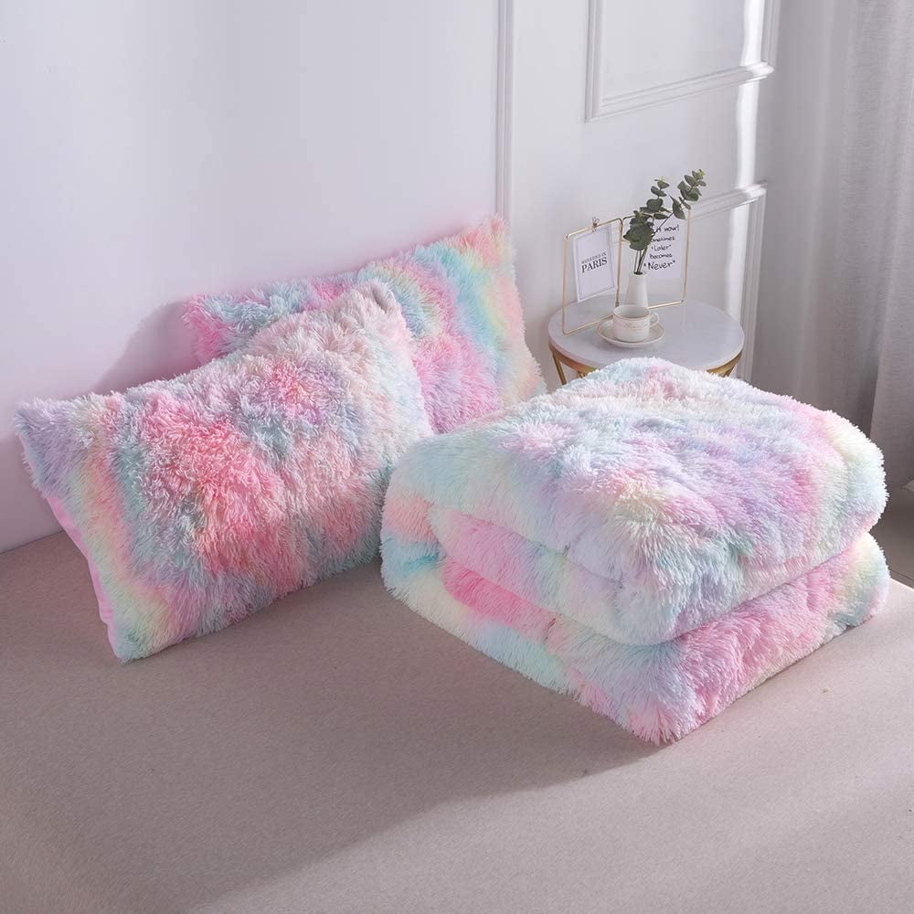 All-Season Plush Shaggy Comforter Set Fluffy Fuzzy Faux Fur Bedding Set - Microfiber Soft Warm Quilt Set(Rainbow Pink,Queen Size) - Cloud-Like Soft Lightweight Bed Comforter Detail