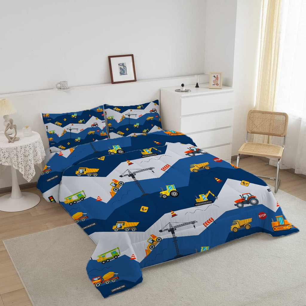 Heavyweight Warmth Car Comforter Set Construction Bedding Set for Boys Kids Trucks Comforter Cartoon Car Excavator Tractor Blue 3Pcs Twin - Luxurious Quilted Duvet Cover Set Detail