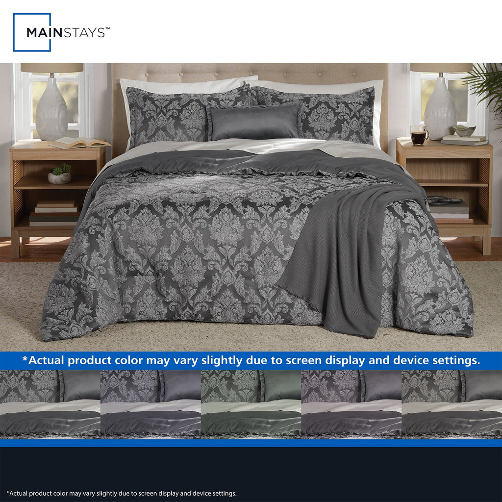 Fluffy Down Alternative Full/Queen Comforter Set, All-Season, 5-Piece, Grey Jacquard Damask - Cloud-Like Soft Lightweight Bed Comforter Detail