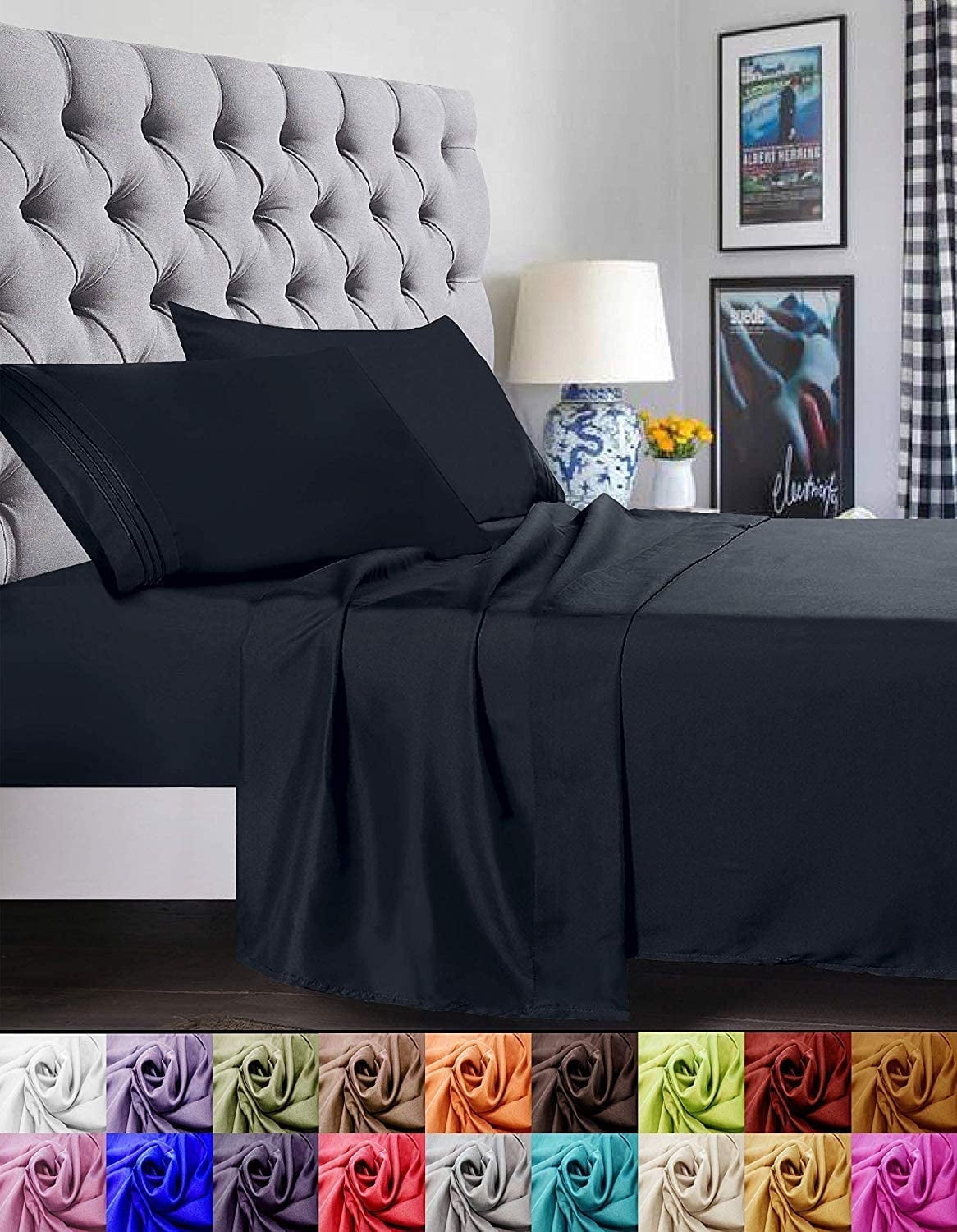 Breathable Luxury 1800 Series Microfiber Bed Sheets 6-Piece Set, Deep Pocket, Queen Black - Cooling Hotel Quality Bedding Sheets and Pillowcases Detail
