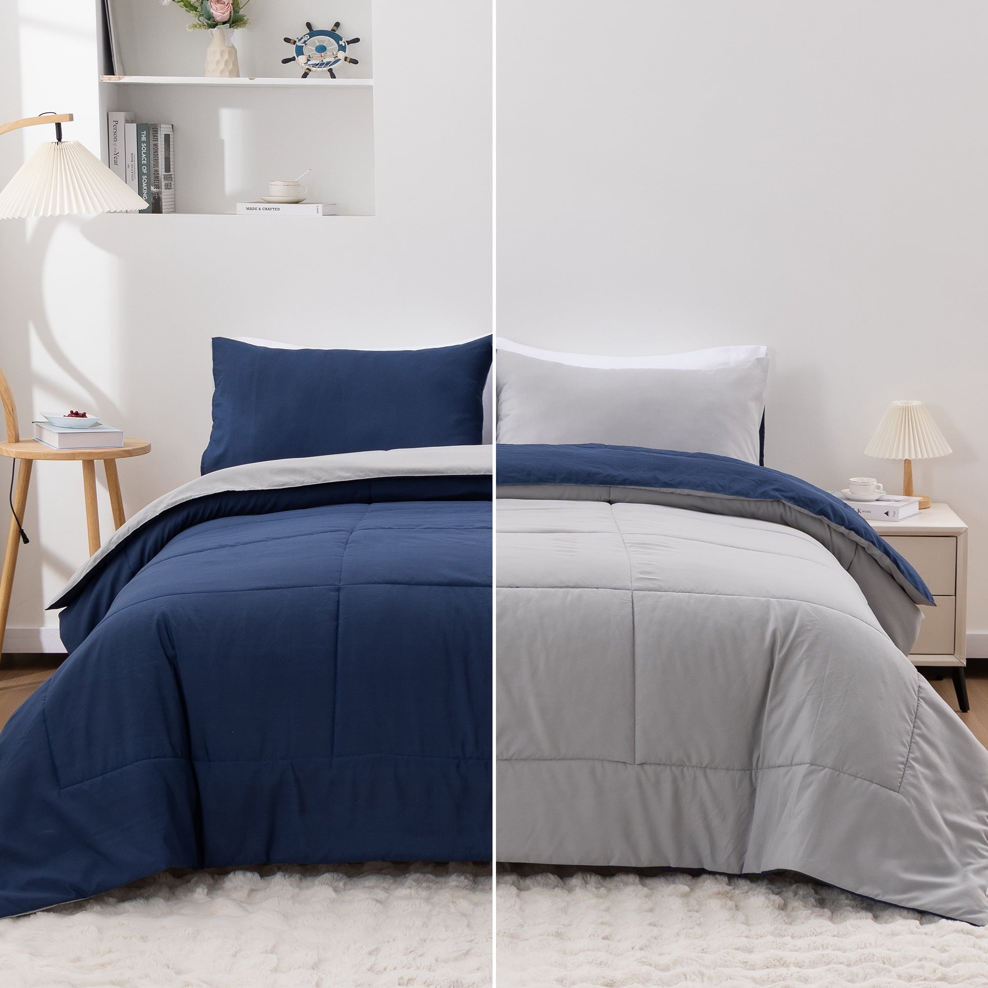 Fluffy Down Alternative Queen Comforter Set All Season Reversible Bed Set with 2 Pillow Cases 3 Pieces Bedding Sets Down Alternative Blue/Gra... - All-Season Down Alternative Comforter Insert - Default Title
